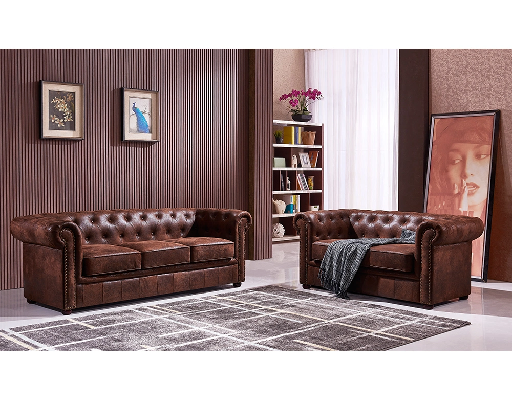 Living Room Brown Classic Leisure Chesterfield Sofa Couch with Leather PU Wood Legs Copper Nails Loveseat Hotel Office Event