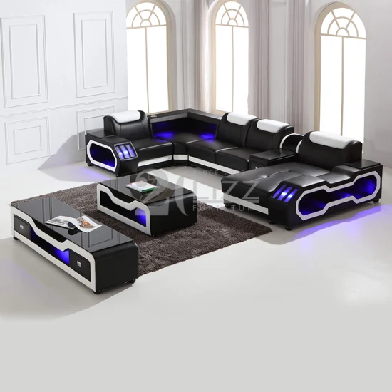 Canapé en cuir véritable en forme de U, mobilier de salon de loisirs sectionnel moderne européen, ensemble de canapé avec lumières LED